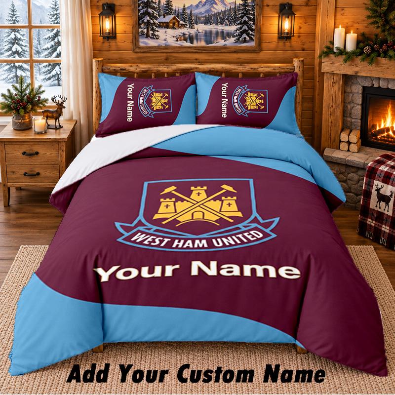 West Ham United FC Pattern Bedding 3Pcs Set Custom Name, Bed Sheet And Pillowcases For Home Bedroom