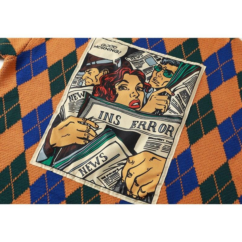 Vintage Plaid Women Sweater Autumn Cartoon Pattern Fashion Long Sleeves  Knitted High Collar Baggy Female Tops Pullover Sweater