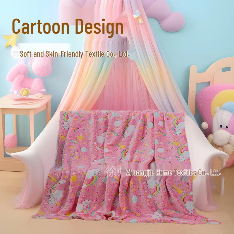 Pink Sparkly Glow-in-the-Dark Double Flannel Blanket – Shimmering Rainbow Cloud Design