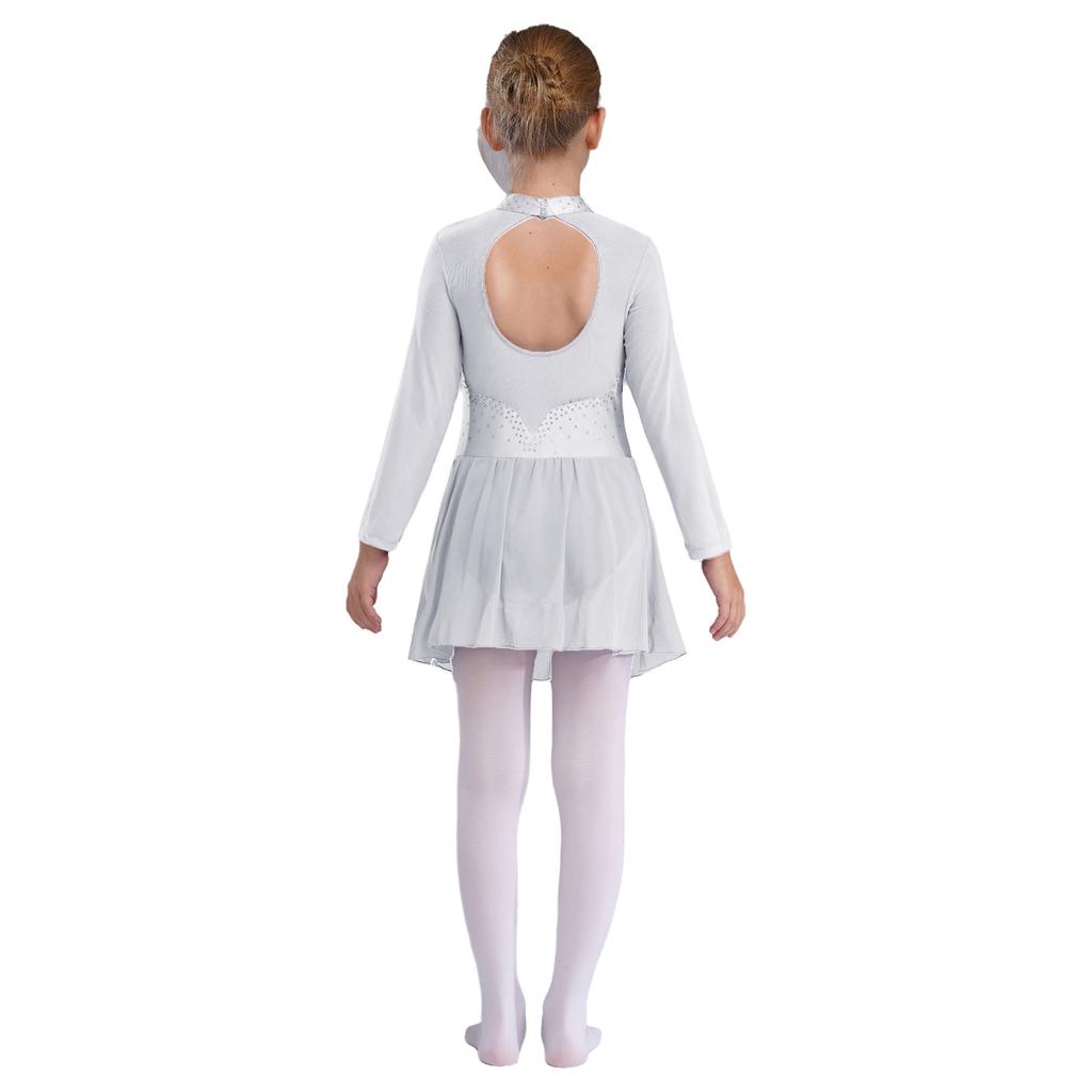 Glänzende Strasssteine Tanzleotard für Mädchen Transparente Mesh Lange Ärmel mit Schlüssellochausschnitt am Rücken Eiskunstlauf Ballettkleid