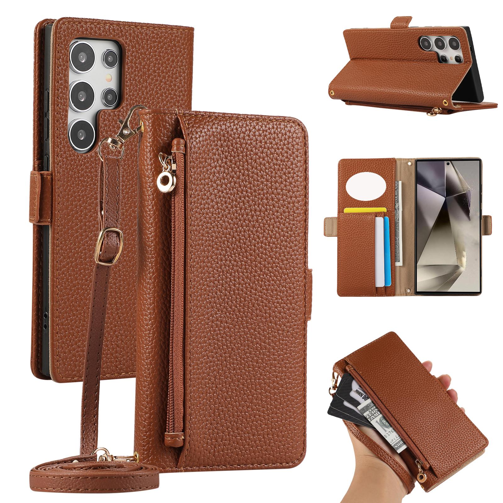 

For Samsung Galaxy S24 Ultra Wallet Phone Case Shockproof TPU+PU Leather Flip Cover with Mirror,Strap Brown