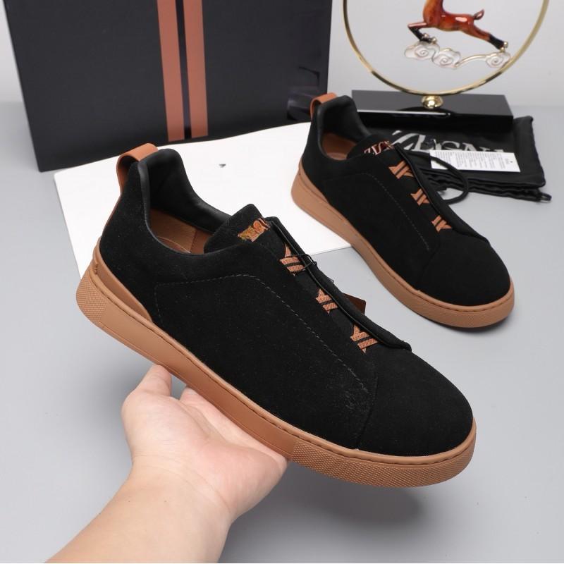 Mens Genuine Leather Slip-On Casual Sneakers Low-Cut Breathable Lightweight Comfortable Everyday Shoes