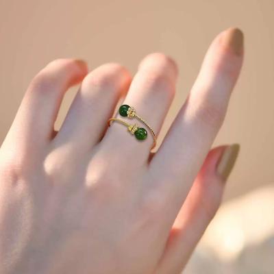 Yousheng Women Ring Adjustable Opening Green Ball Design Finger Ring Retro Open Wrap Finger Band Jewelry Gift
