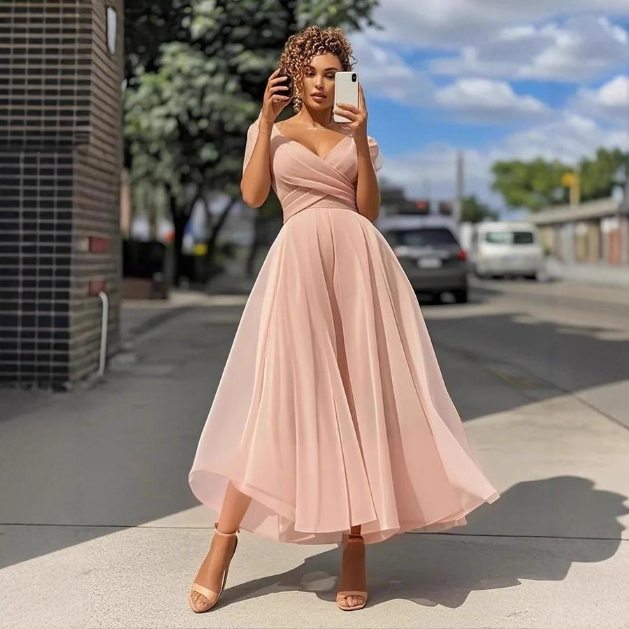 

New Women s Ready-to-Wear Slim Fit A-Line Dress Solid Color Party Evening Cocktail Gown 2XL рожевий