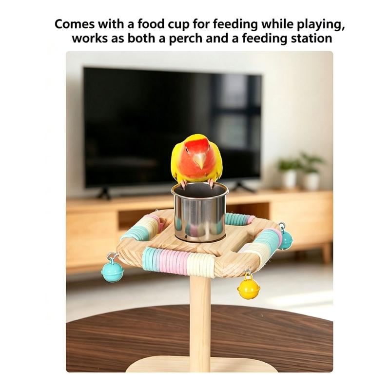 Bird Bells Stand Perch for Small Pet Birds, Wooden Home Play Frame with Textured Top Bar and Rounded Wood Finish for Daily Use Indoors