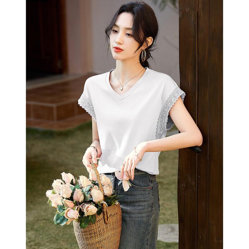 Demana Women's Summer V-Neck Lace Trim Mercerized Cotton T-Shirt
