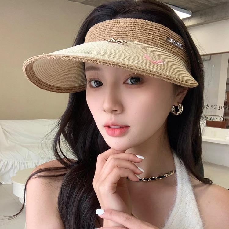 Delicate and sweet new big-brimmed empty-top sun hat summer women's UV protection and sun protection bow straw hat