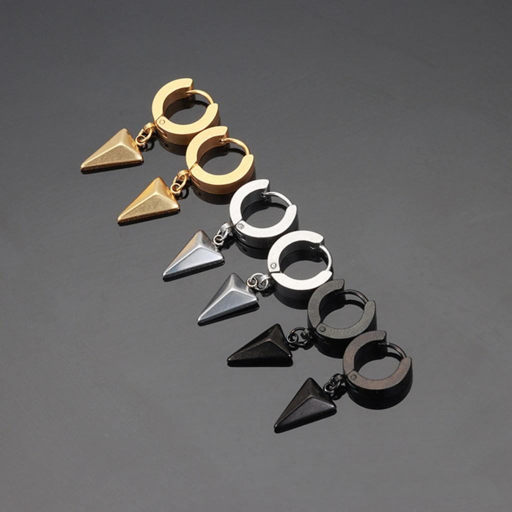 1 Pair Black Stainless Steel Punk Hip Hop Hanging Hoop Earrings with Triangle Design Dangle for Unisex Gothic Streetwear Jewelry