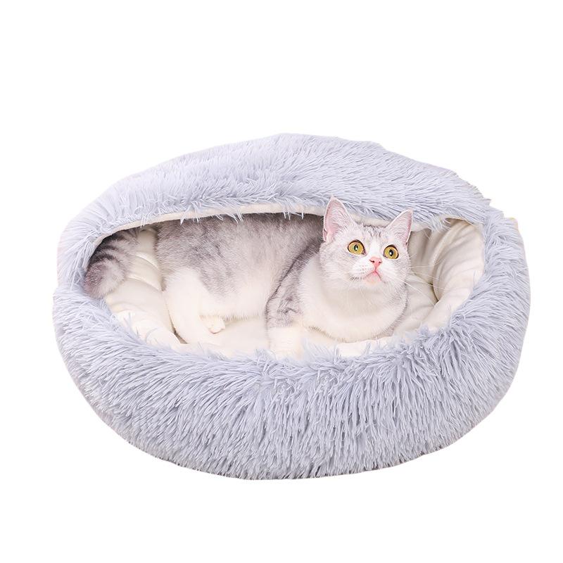 Cozy Plush Cat Bed - Round, Semi-Enclosed for Deep Sleep