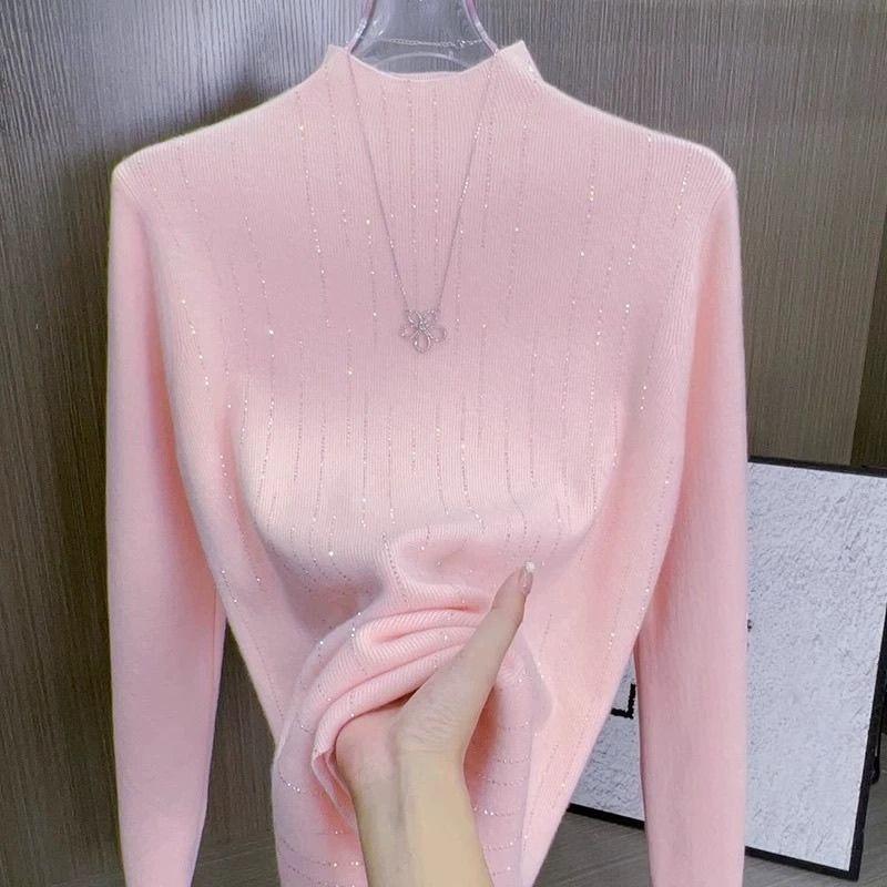 Women's Half Turtleneck Rhinestone sweater Pullover Stretch Knit Sweater Slim-Fit Long Sleeve Knit Top Autumn Winter