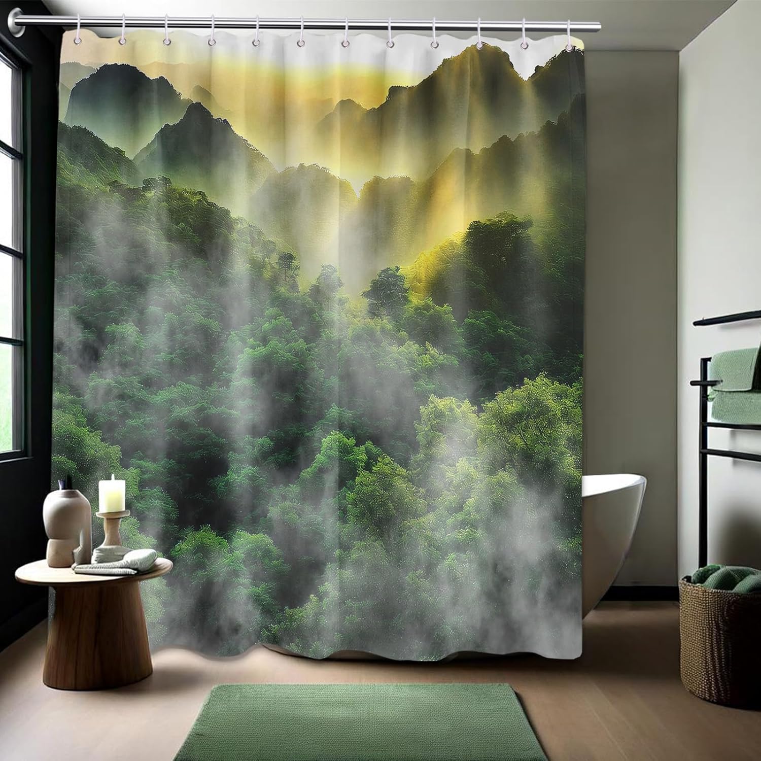 

Misty Forest Shower Curtain Mountain Nature Scenic Green Bathroom Decor, Waterproof Cloth Fabric with Hooks 70 W x 72 L 90x180cm