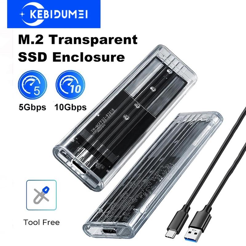 M.2 NVME SATA SSD-kabinett USB Type C 10Gbps 5Gbps PCI-E M2 SSD Transparent eksternt deksel Harddiskboks for M2 2230/2242/2260/2280 SSD