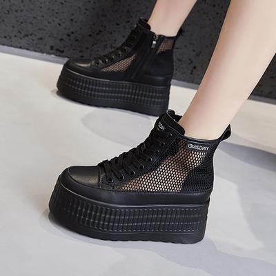 Thick Sole White Shoes for Women 2026 New Summer Hollow Mesh High Top Casual Sneakers Versatile Women's Trend Chunky Shoes