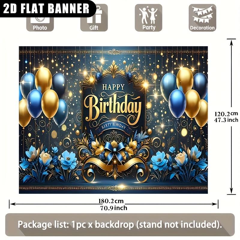 1 piece of 2D flat banner - Elegant and shiny blue-gold balloon floral design theme birthday banner posterzyc