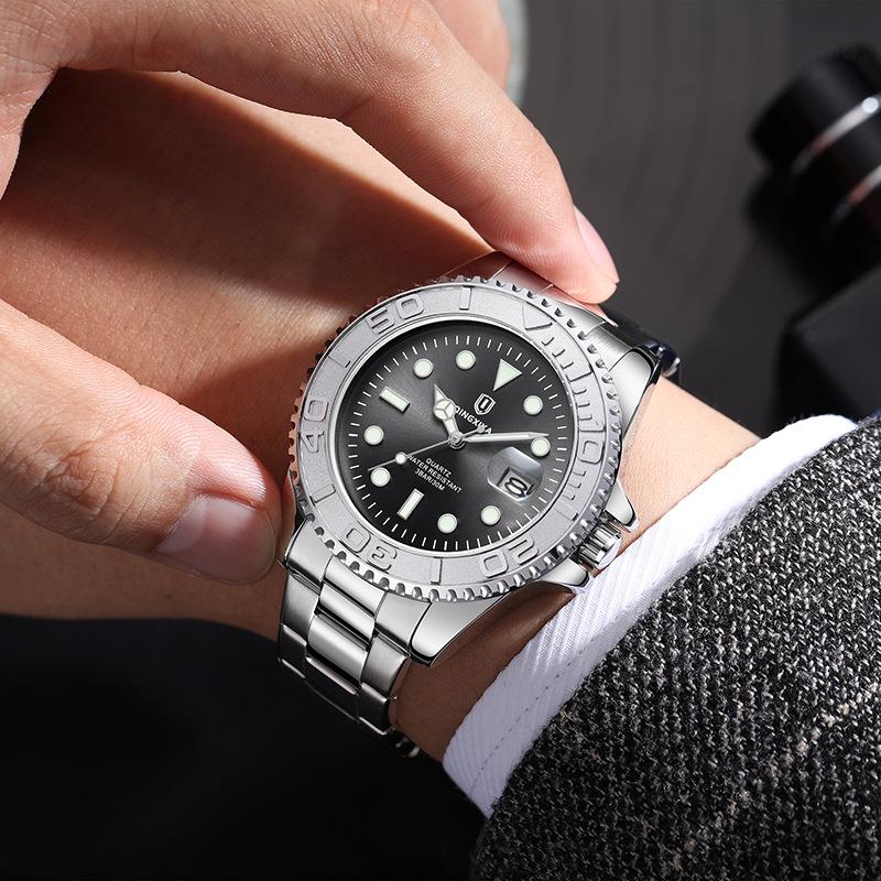 Qingxiya Men's Waterproof Quartz Sports Watch with Stainless Steel Strap and Luminous Calendar