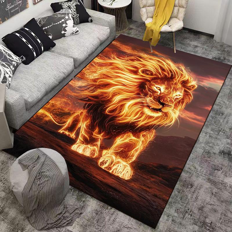Fiery Lion Print Carpet with Bold Design in Warm Tones Suitable for use as an anti-slip for living room bedroom sofas