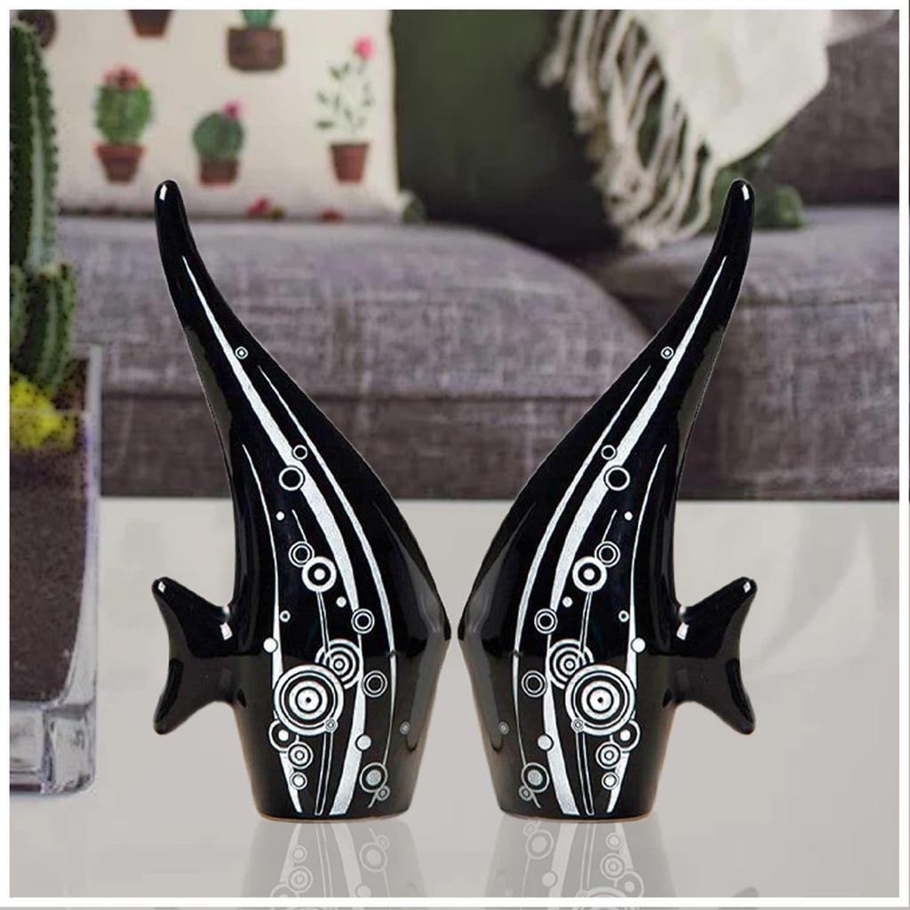 Modern Minimalist Black Bubble Fish Art Figure | Beautiful Home Decor- (Set of 2 Pc)