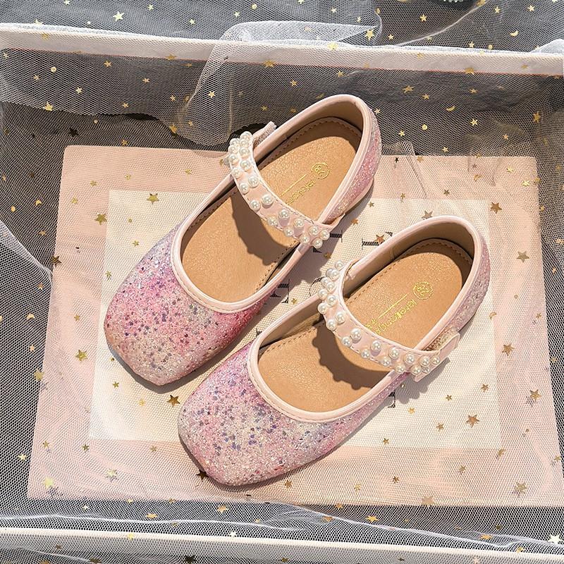2026 Kids Princess Shoes Girls Low-top Magic Strap Pearl Glitter Crystal Soft Sole Dress