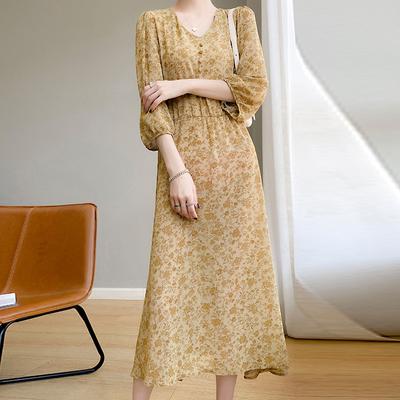 Acetic Acid Satin V-neck Dress for Women's Summer New Versatile Floral Midi Skirt High-end Light Luxury Long Skirt Three-quarter Sleeves