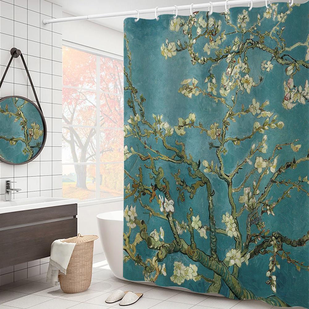 Van Gogh Starry Night Shower Curtain Oil Painting Abstract Art Blue Sky White Cloud Star Moon Scenery Bathroom Decor With Hooks