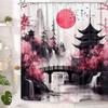 Japanese Cherry Blossom Watercolor Bath Curtain – Black & Pink Ink Wash Art with Hooks