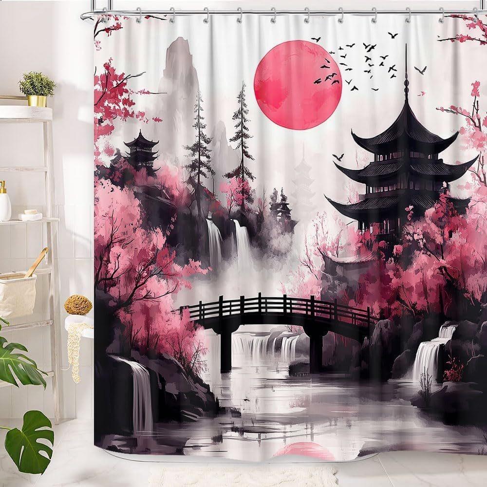 Japanese Cherry Blossom Watercolor Bath Curtain – Black & Pink Ink Wash Art with Hooks