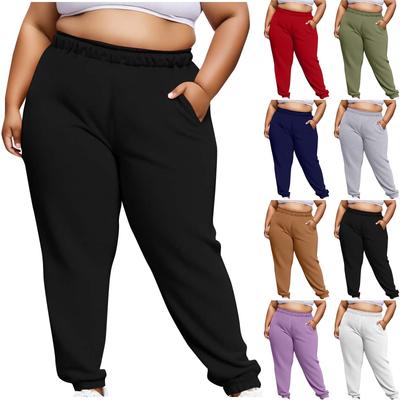 Pantaloni da Donna Moda Taglie Forti Colore Unico Vita Elasticizzata Gamba a Polsino e Tasche Laterali