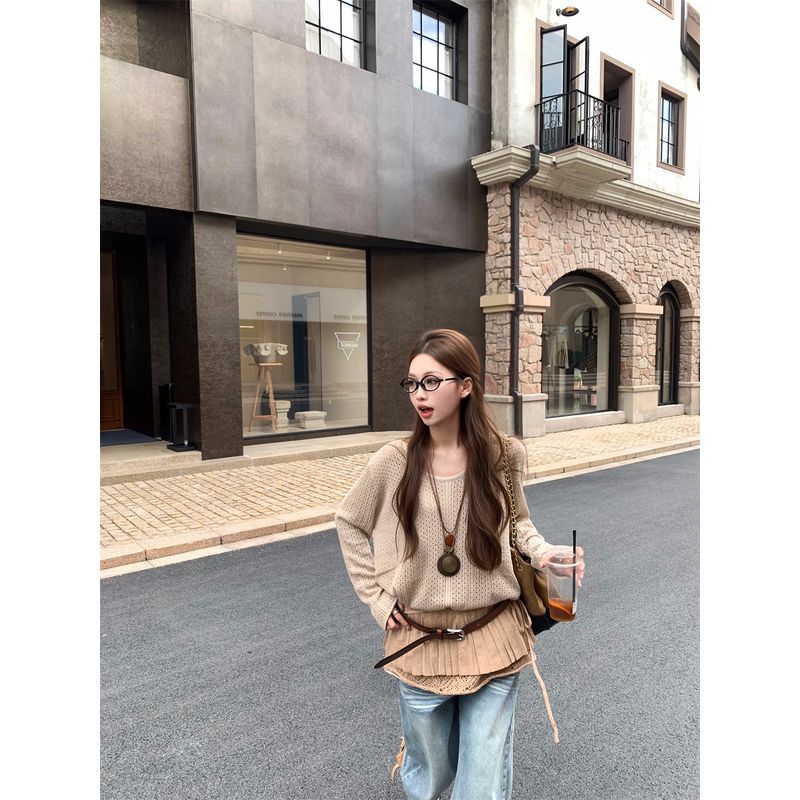 Kumikumi Fashion Suit Loose Long Sleeves Knitwear Women's Autumn High Waist Slimming Skirt Short Skirt Two-piece Set