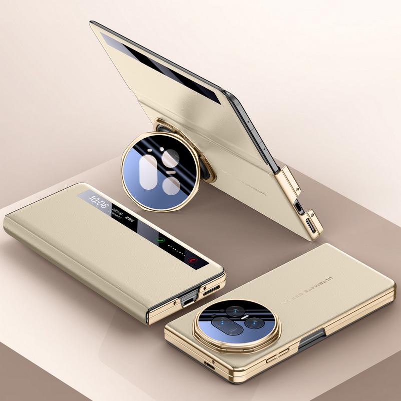 Luxus Leder Smart Window Smart Sleep Magnetischer Linsenhalter Schutzhülle für Honor Magic V5 All-inclusive Handy Rückseite