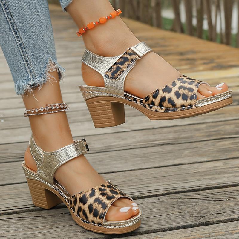 Fashion Leopard Print Thick Heeled Sandals Women Lightweight Ankle Strap Summer Gladiator Shoes Woman Comfort High Heel Platform Sandles