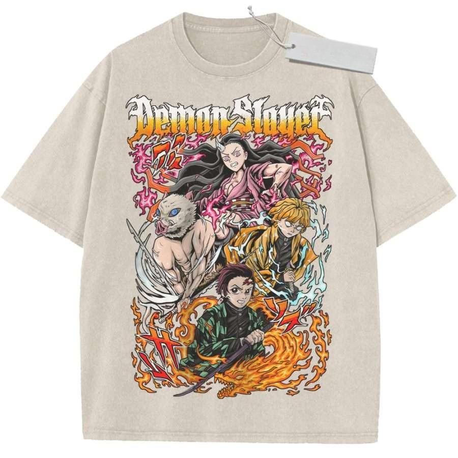 

Unisex Pink Washed Vintage T Shirt Demon Slayer Main Characters Flame Style High Quality Fabric for Casual Shopping M