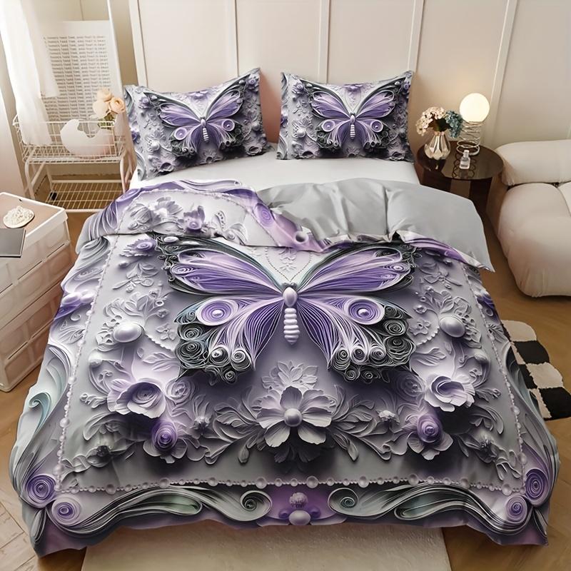 3Pcs Baroque Style Embossed Butterfly Floral Duvet Cover Set, HD Print All Season Bedding with Pillowcases for Home Dorm Decor