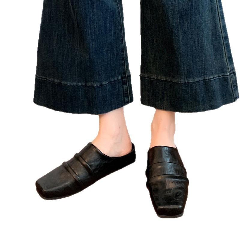 Soft Pleated Ballet Shoes Summer Shoes Square Head Leather Shoes Flat Shoes Commuting Outside Slippers