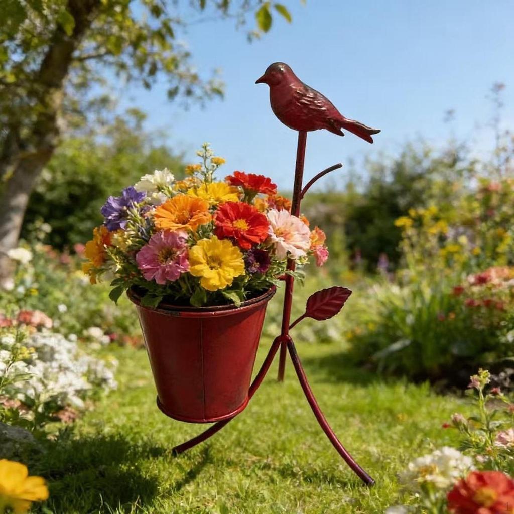 Metal Planter Stand Plant Bucket Ornament,Rustic,Sturdy,Creative Flower Pot Holder Decorative for