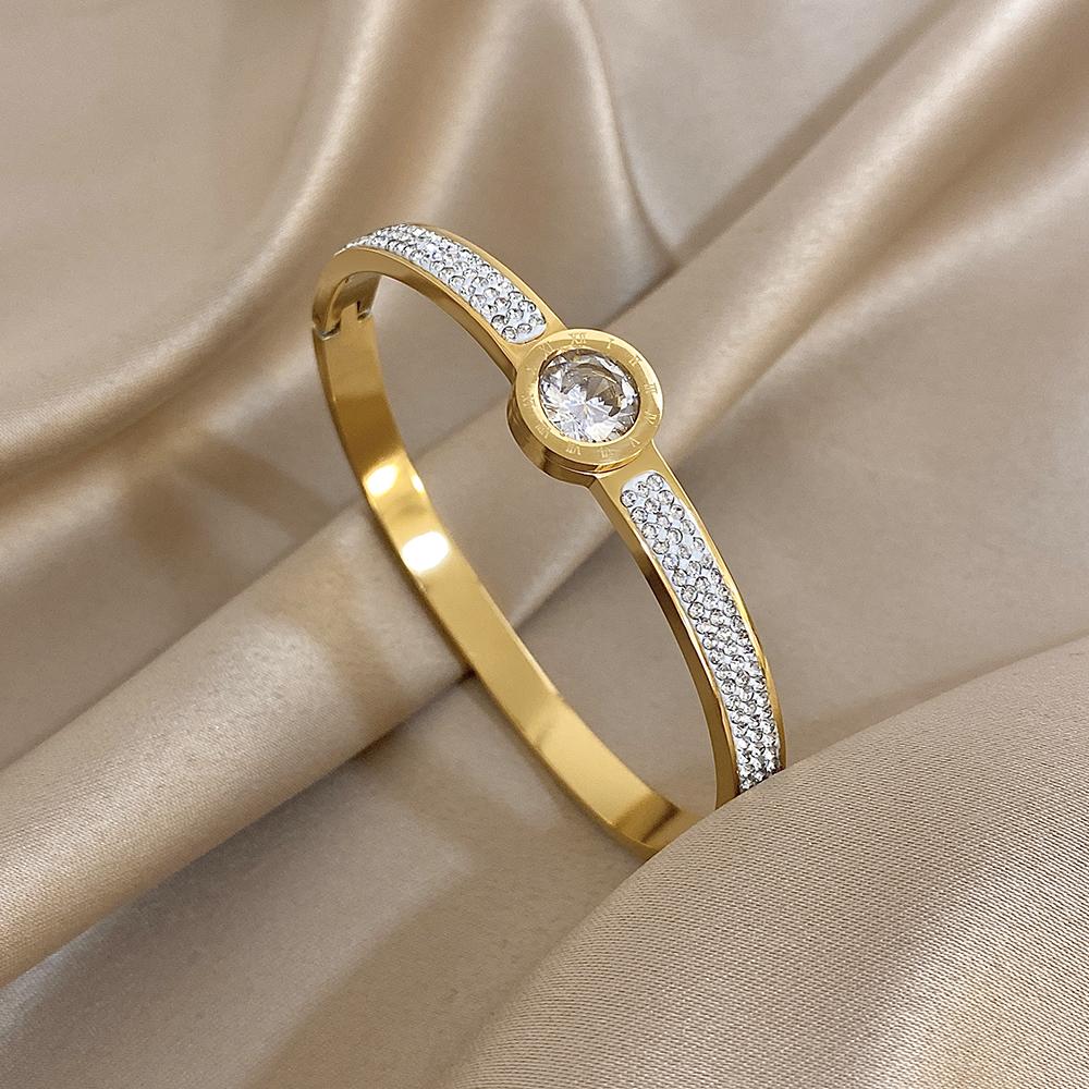 New Stainless Steel Waterproof Cuff Bracelet Bangle for Women Exquisite Shiny Inlaid Zircon Geometric Stacked Jewelry Gifts