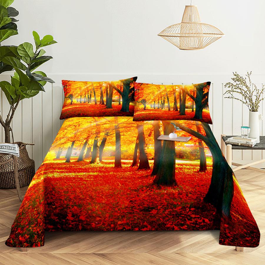 Scene Bed Sheet and Pillowcase Set Bedding Linens Cover Queen King Double Size 220x240 Trees for Bedroom Soft Twin Full Single