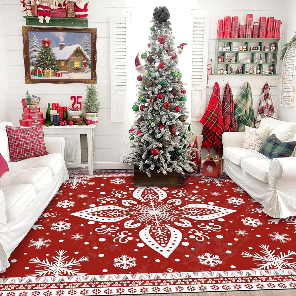 Christmas Rug Red Snowflake Area Rugs Washable for Kids Girls Women Floral Snowflake Carpet for Living Room Bedroom Nursery