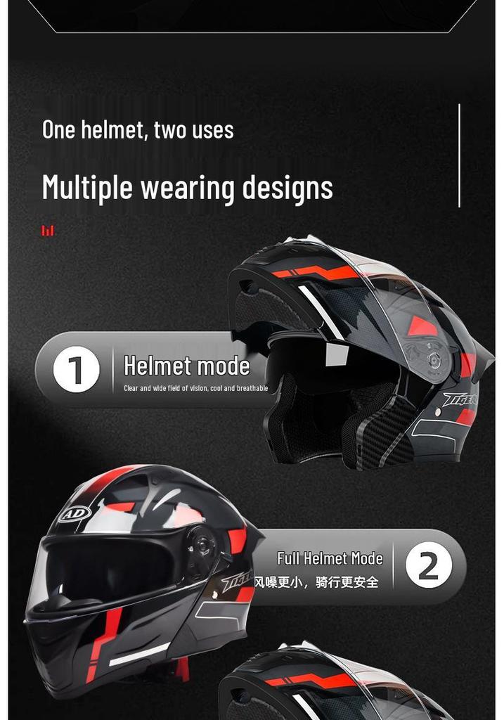AD Full Face Flip-Up Motorcycle Helmet with LED Taillight, 3C/DOT Certified, All-Season for Men and Women