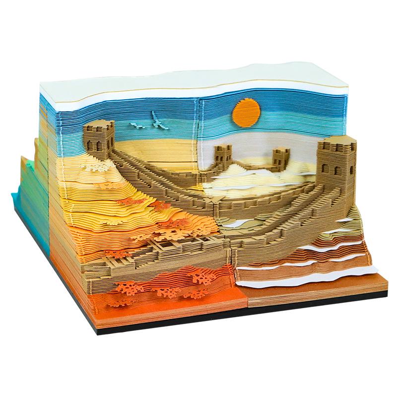 3D Great Wall Four Seasons Paper Carving Calendar Souvenir - Beijing Cultural & Creative Desktop Ornament with Sticky Notes