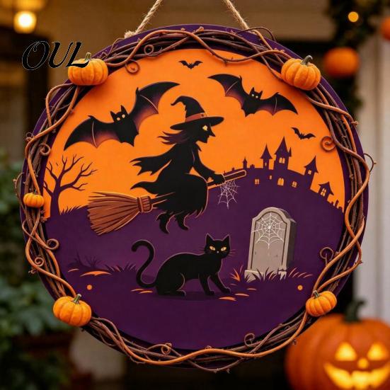 Ghost Wall Ornament Vintage Wooden Halloween Welcome Door Hanger, Pumpkin Skull Witch Farmhouse Hanger Sign, Hanging Decor for Front Porch Decoration