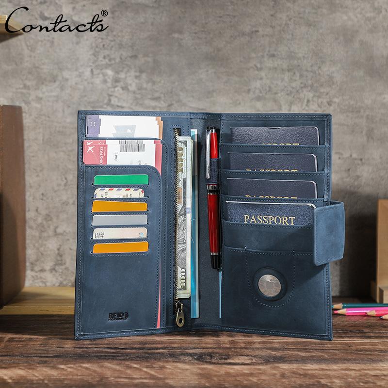 CONTACT'S Hakiki Deri Erkek Clutch Cüzdan Pasaport Tutucu Uzun Çanta Kredi Kartı Yuvası Taşınabilir Kart Çantası Seyahat Cüzdanları