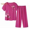2 Pcs/Set Women T-shirt Pants Set Homewear Outfit Solid Color Floral Print Round Neck Short Sleeve Top Wide Leg Elastic Waist Loose Pants Pajamas