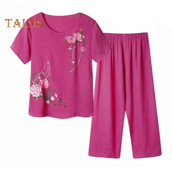 2 Pcs/Set Women T-shirt Pants Set Homewear Outfit Solid Color Floral Print Round Neck Short Sleeve Top Wide Leg Elastic Waist Loose Pants Pajamas