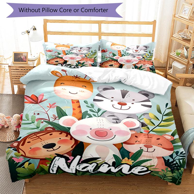 3pcs Custom Name Animals Bedding Set Duvet Cover Closure Includes 1 Duvet Cover & 2 Pillowcases, Soft and Comfortable for All Seasons.