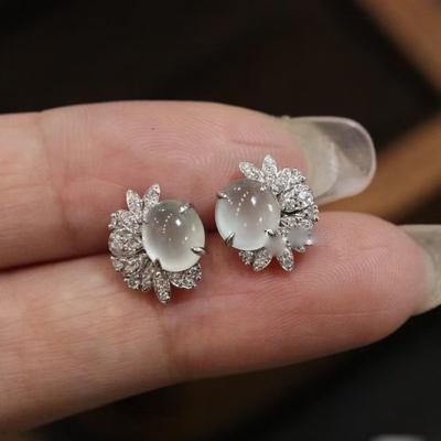 Orecchini Pendenti in Calcedonio di Giada Bianco Naturale Lucido Ghiaccio per Donna Stile Delicato Orecchini a Fiore Gioielli Eleganti Romantici da Matrimonio