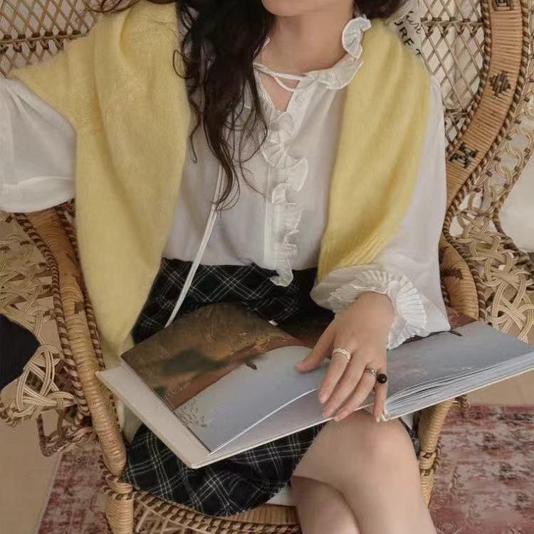 2025 Sweet French Retro Ruffled Long Sleeve Acetate Shirt