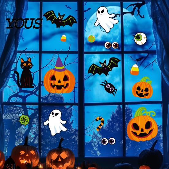 Klassenzimmer Halloween Dekorationen Niedliche Statische Klebefensteraufkleber, Kürbis Geist Fledermaus Schwarze Katze Glas Spinne Augapfel Aufkleber Aufkleber, Kein Klebstoff