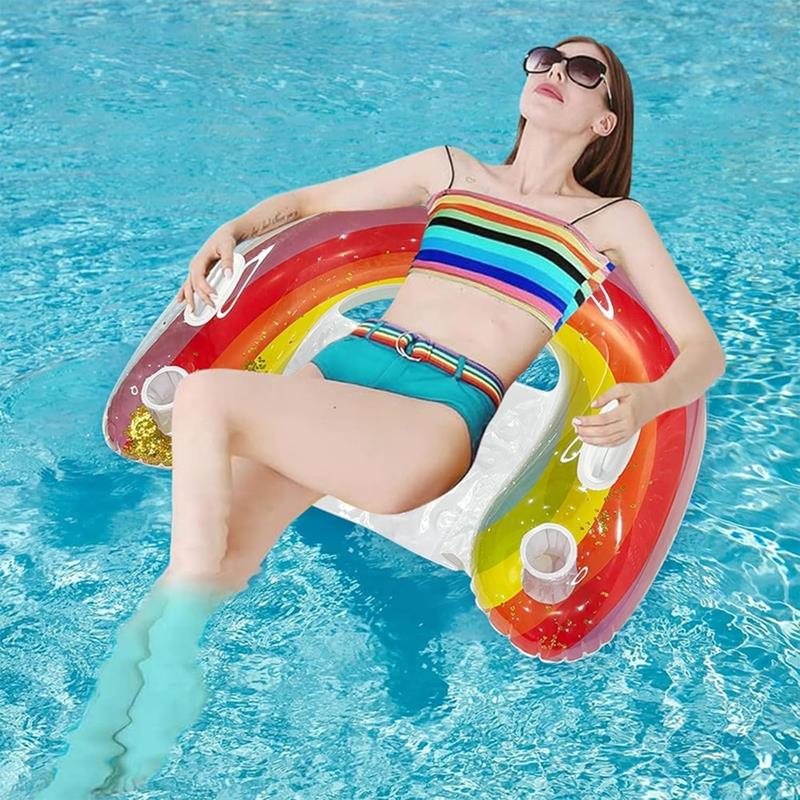 Inflatable Mattress Chair Lounger Swimming Chair Cup Holders Rainbow