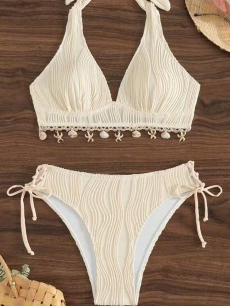 Women's Bikinis And Tankinis New Swimsuit Sexy Halter Neck Bikini Two Piece Set Solid Color Leace-up Backless Temperament Trendy