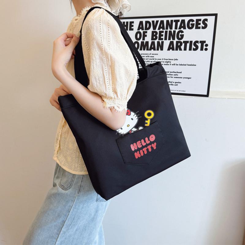 New Sanrio Hello Kitty Polyester Cotton Blend Tote Bag, Shopping Bag, Handbag, Shoulder Bag Women's Black 203397-1731-1